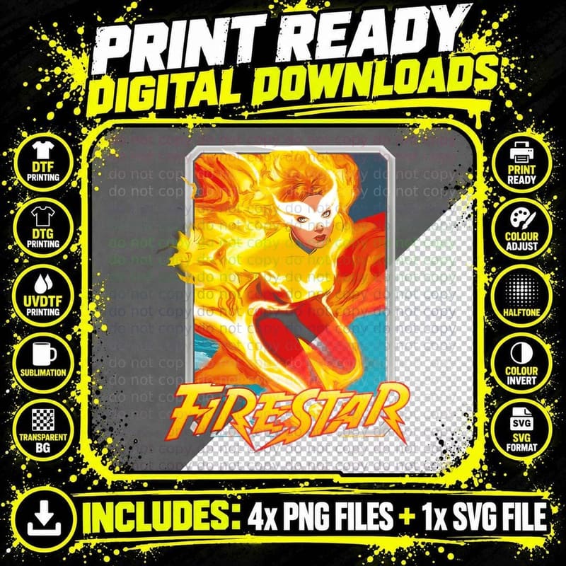 Firestar Yellow Female with Flame Effects Orange Red Png SVG Digital Bundle