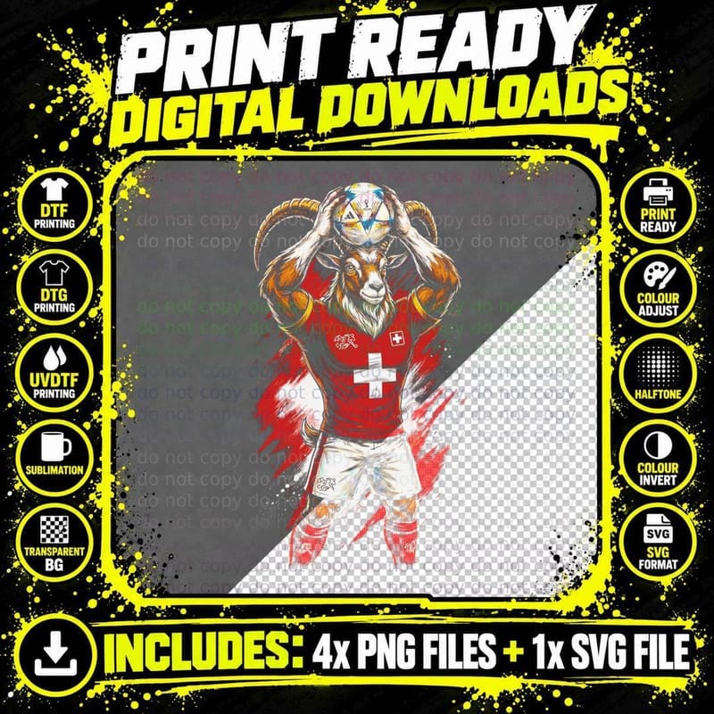 GOAT Footballer Mascot Curved Horns Red White Cross Png SVG Digital Bundle