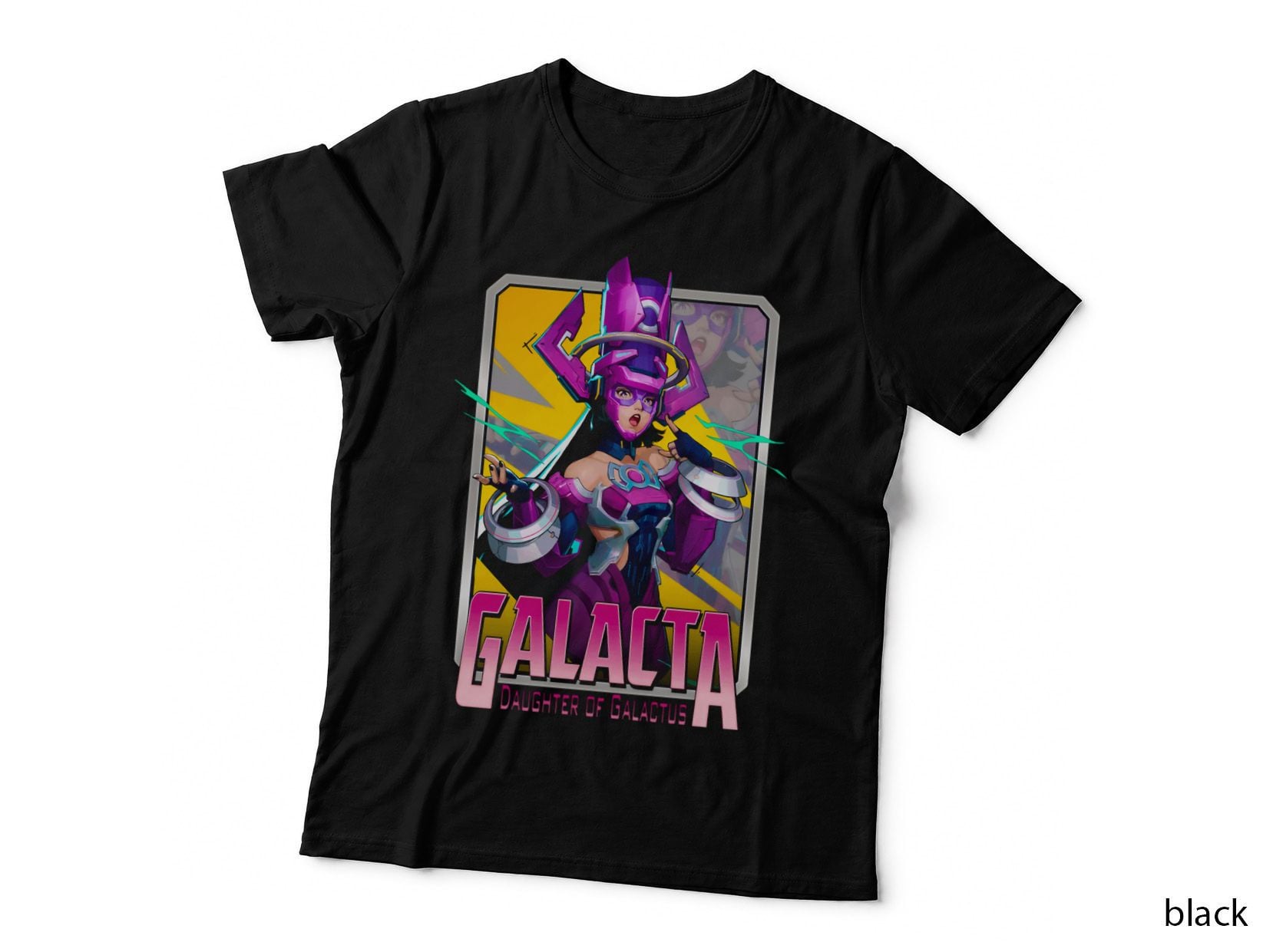 Galacta Daughter of Galactus Pink Female Character on Gold Light Text T-Shirt