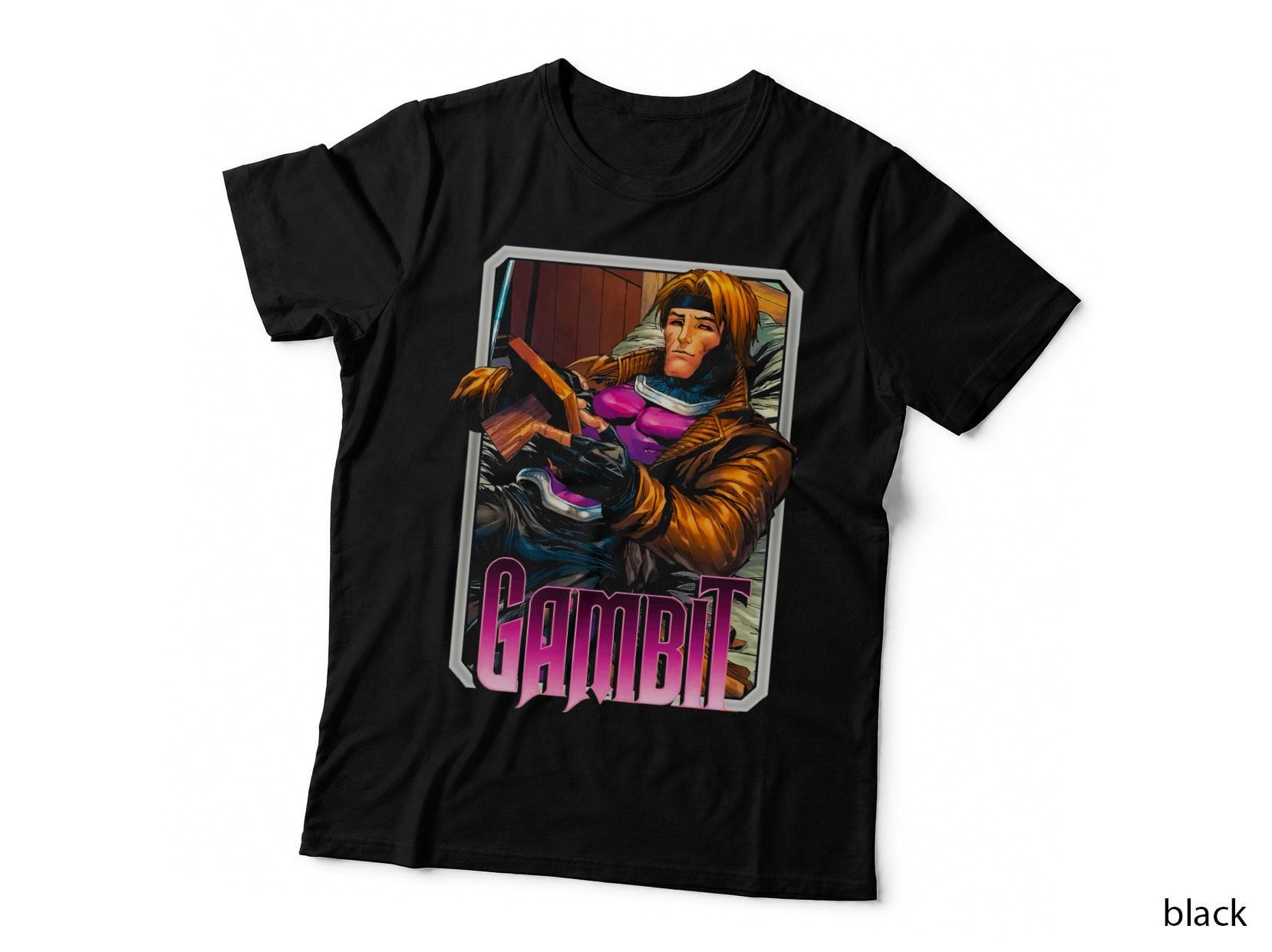Gambit Brown Orange Character with Playing Cards Magenta Text T-Shirt