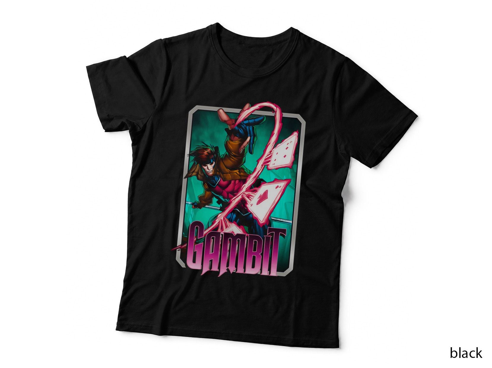 Gambit Pink Red Character with Energy Cyan Background T-Shirt