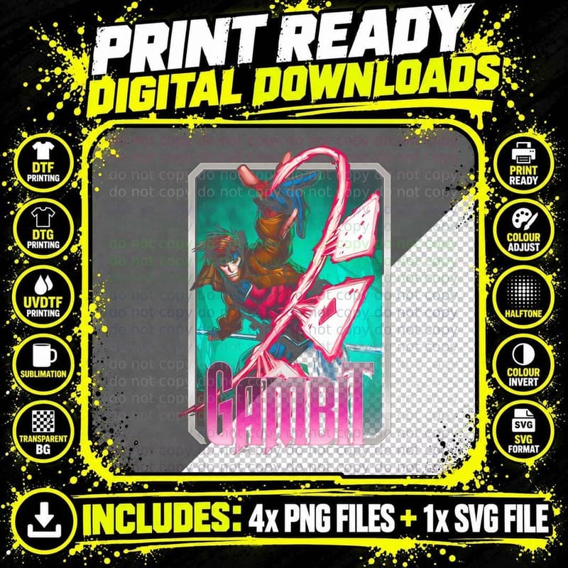 Gambit Pink Red Character with Energy Cyan Background Png SVG Digital Bundle