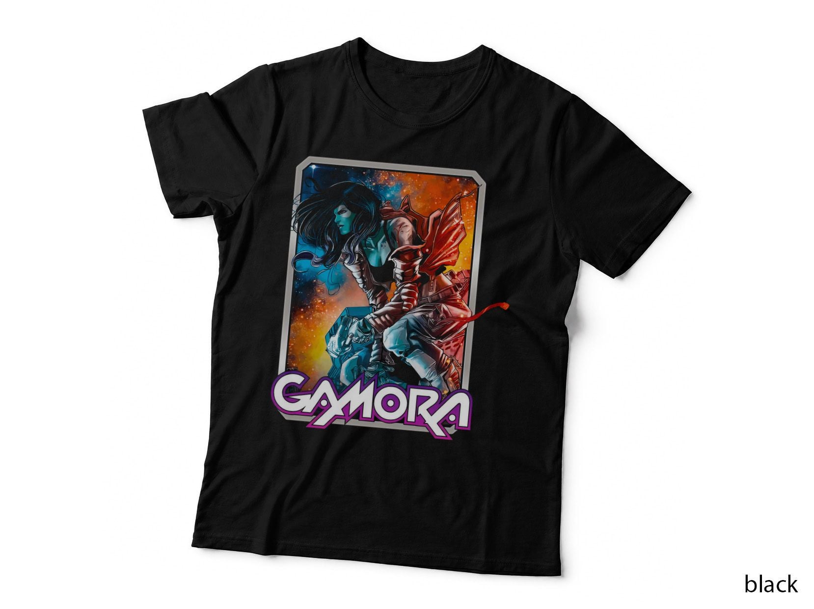 Gamora Blue Cyan Female Character Orange Fire Background T-Shirt