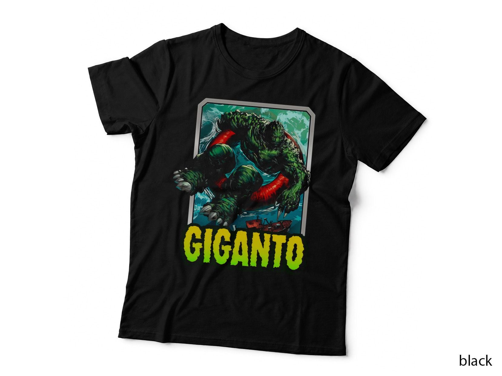 Giganto Green Red Creature Design Cyan Teal Background T-Shirt