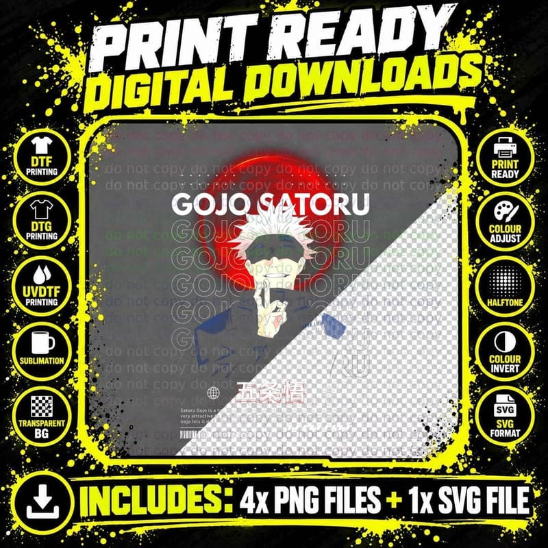 Gojo Satoru White-Haired Character White Outline Red Png SVG Digital Bundle