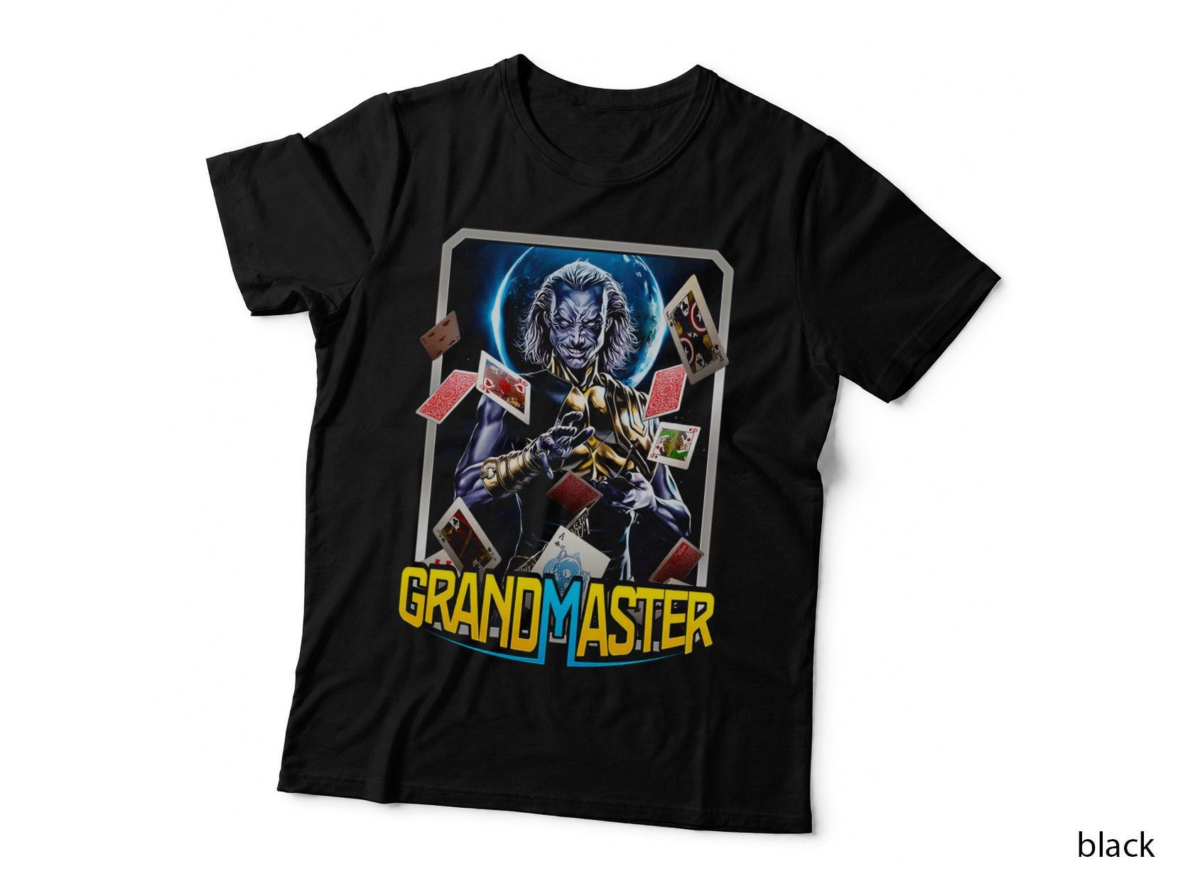 Grandmaster White Haired Figure with Cards Yellow Blue Text T-Shirt