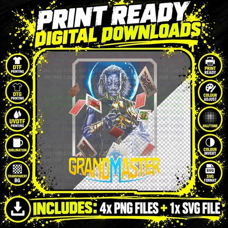 Grandmaster White Haired Figure with Cards Yellow Blue Png SVG Digital Bundle