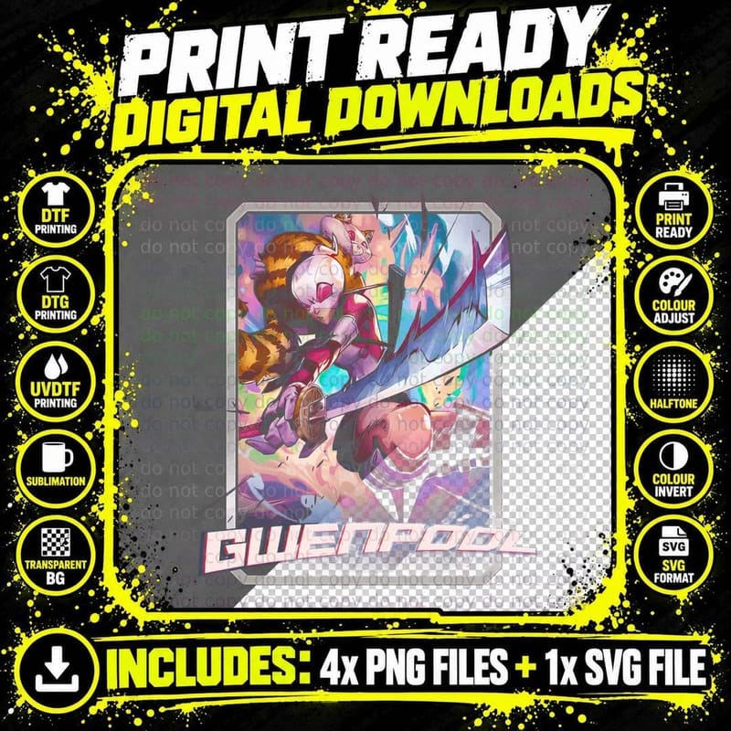 Gwenpool Pink Yellow Mecha Halftone Shooting Action Png SVG Digital Bundle