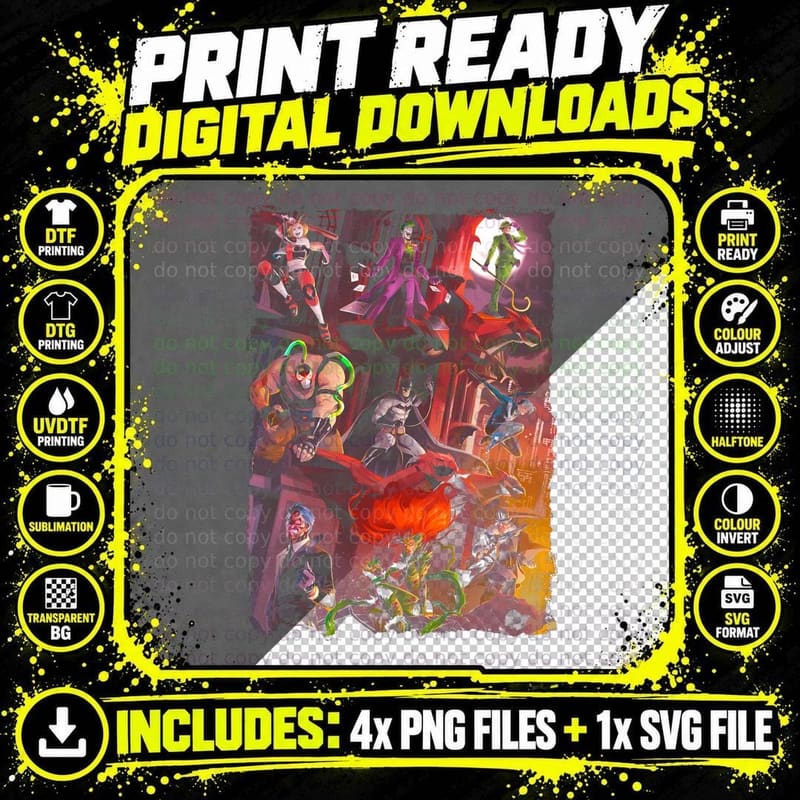 Harley and Joker Red Black Villain Couple Action Scene Png SVG Digital Bundle