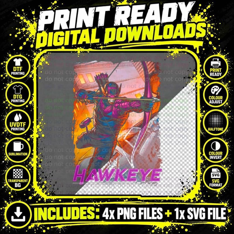 Hawkeye Character Bow Arrow Purple Halftone T-Shirt Png SVG Digital Bundle