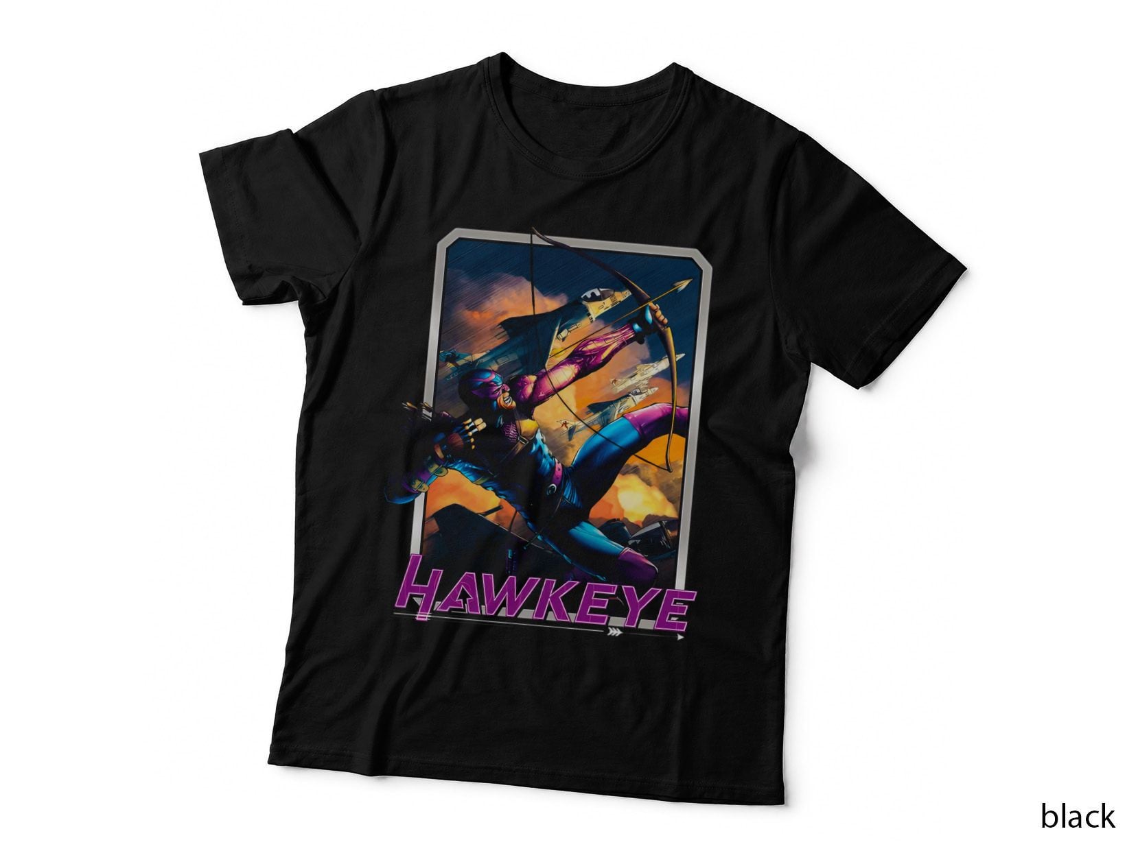 Hawkeye Orange Blue Halftone Action Combat Explosive T-Shirt