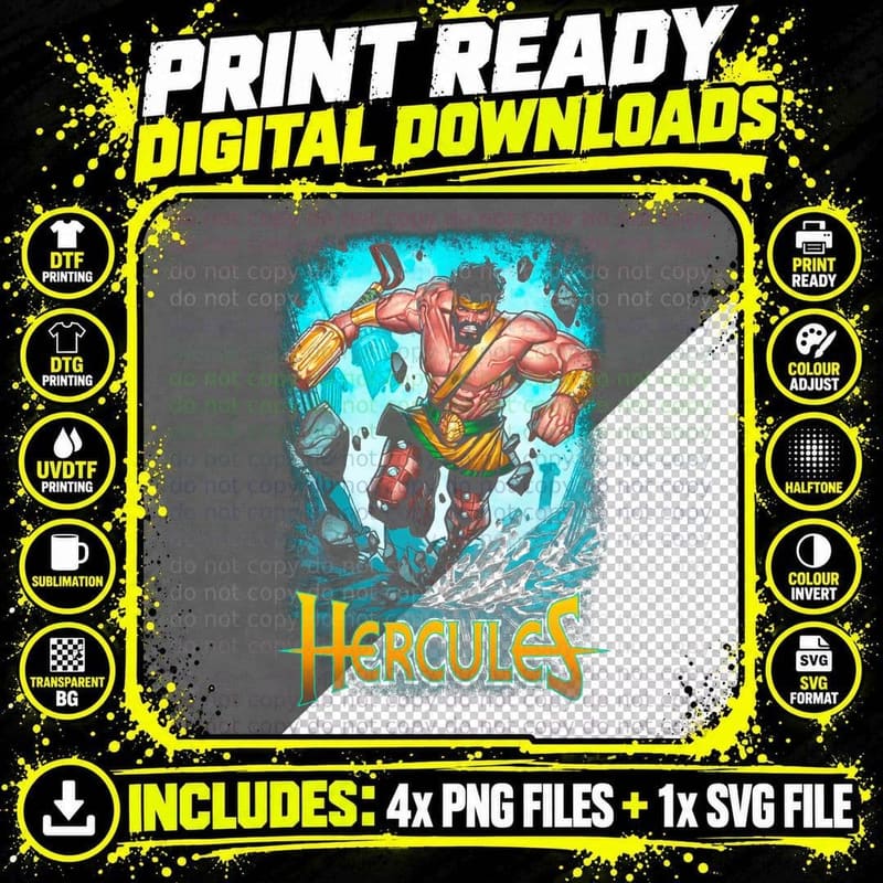 Hercules Muscular Character Club Halftone Yellow T-Shirt Png SVG Digital Bundle