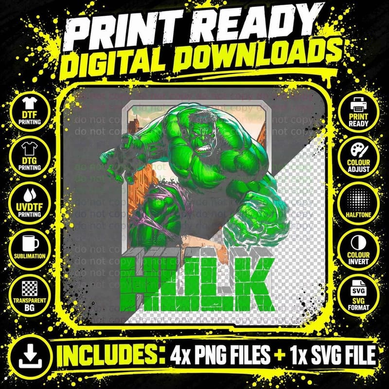 Hulk Green Blue Muscular Halftone Character Strong Png SVG Digital Bundle