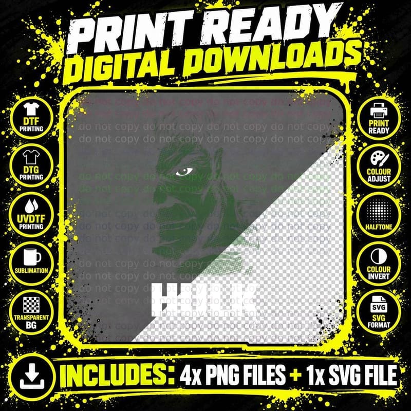 Hulk Head Face Simple Green Halftone T-Shirt Png SVG Digital Bundle