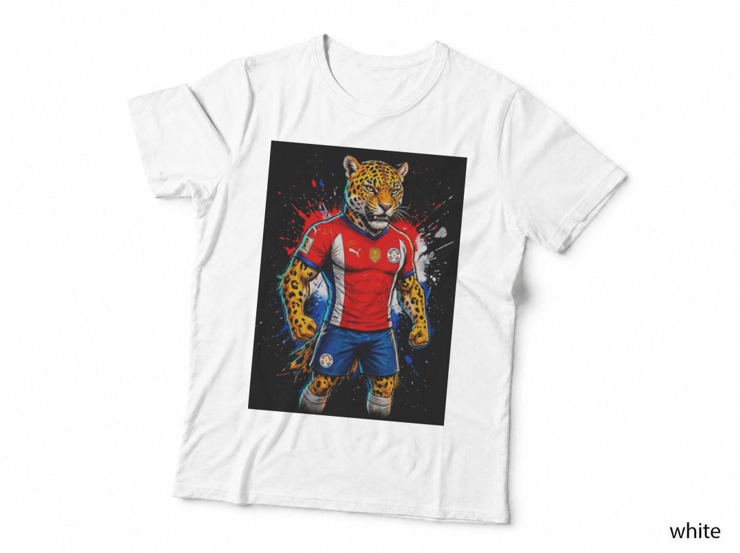 Jaguar-Headed Footballer Spotted Jaguar Head Red White Blue Kit Flexing T-Shirt