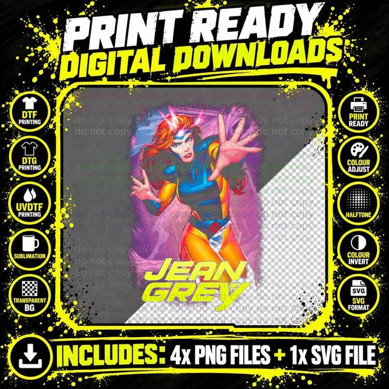 Jean Grey Female Red Hair Blue Outfit Halftone T-Shirt Png SVG Digital Bundle