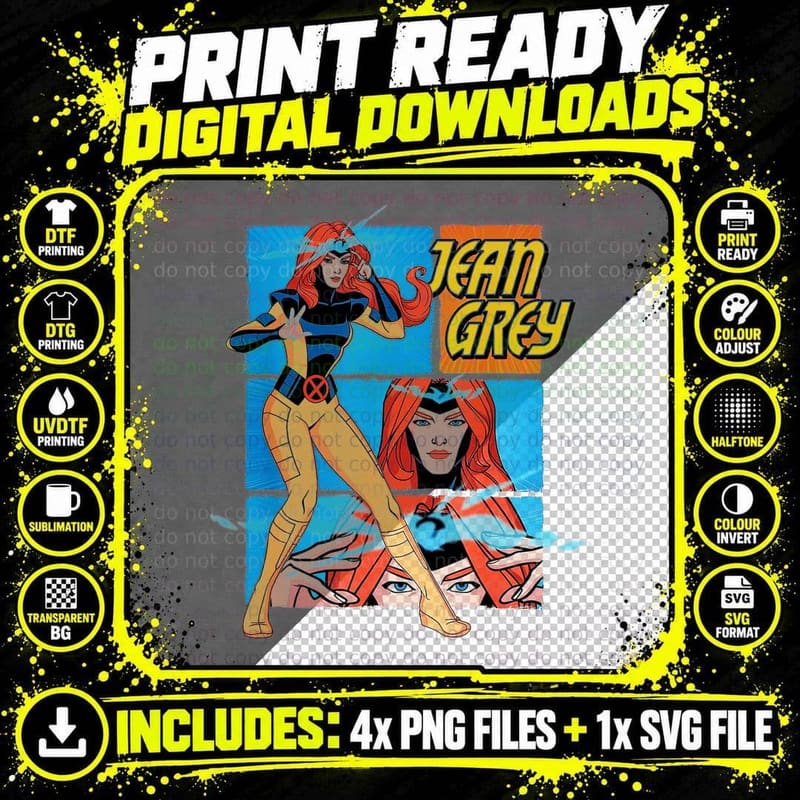 Jean Grey X-Men Character Halftone Comic T-Shirt Png SVG Digital Bundle