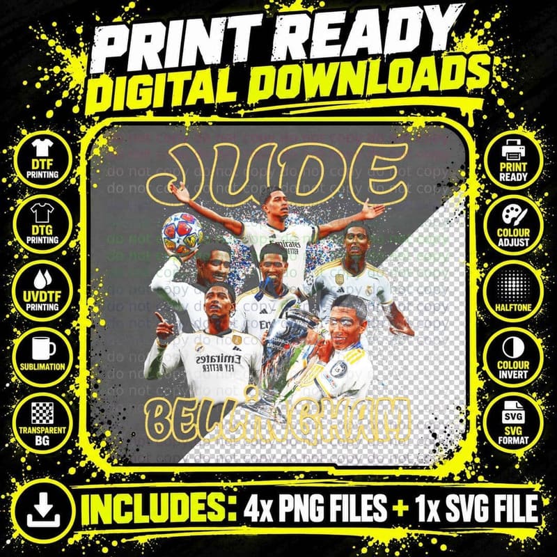 Jude Bellingham Yellow Outline Glitter Collage Real Png SVG Digital Bundle