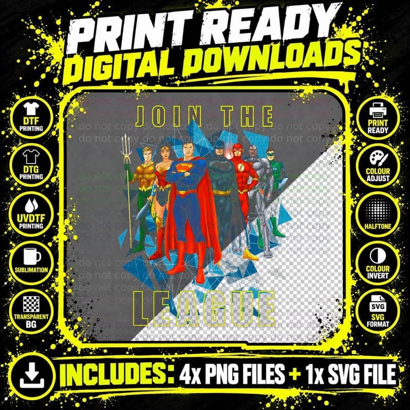 Justice League Join the Superhero Team Yellow Blue Png SVG Digital Bundle