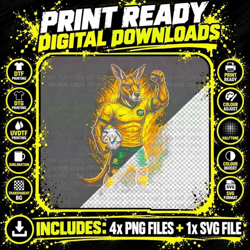 Kangaroo Australia Mascot Yellow Green Kit Holding Ball Png SVG Digital Bundle