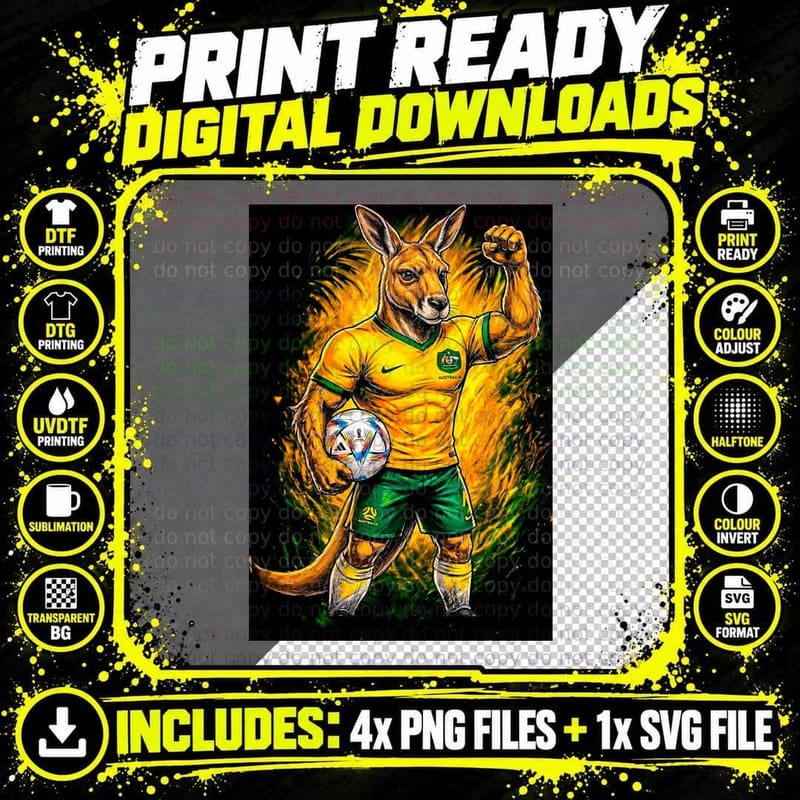 Kangaroo Footballer Yellow-Green Australia Kit Fist Png SVG Digital Bundle