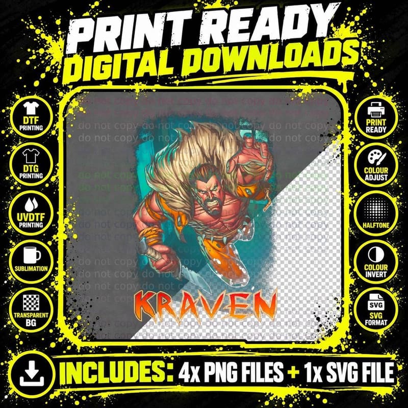 Kraven Male Blonde Orange Teal Halftone Hunter T-Shirt Png SVG Digital Bundle