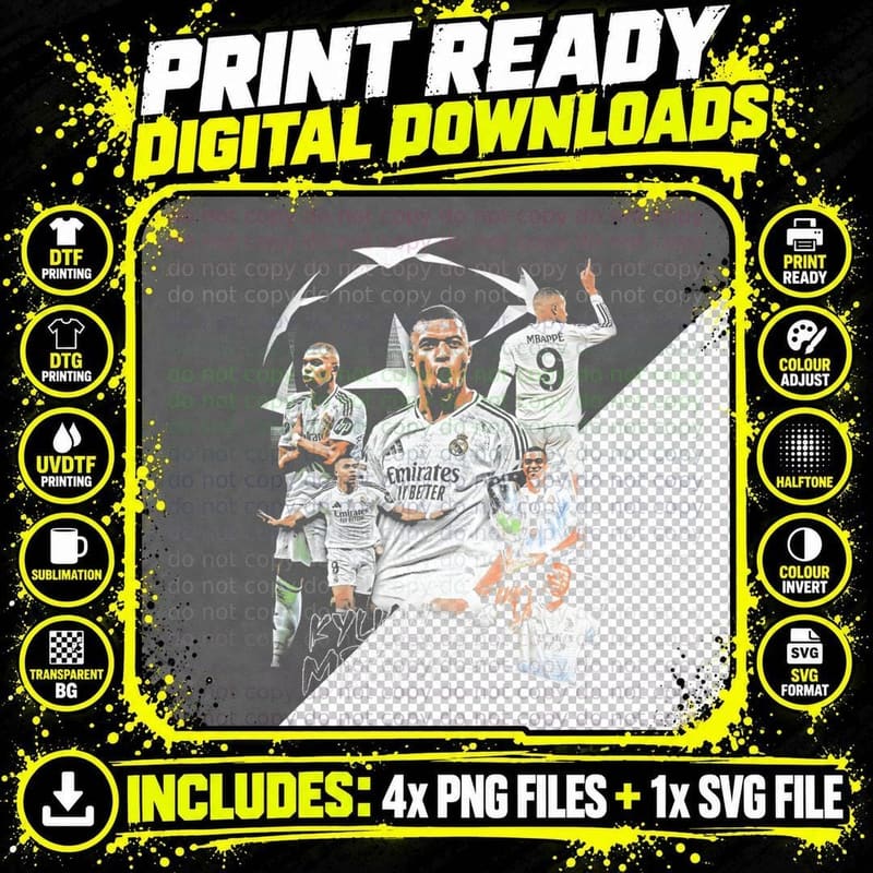 Kylian Mbappe Real Madrid White Kit Number 9 Monochrome Png SVG Digital Bundle
