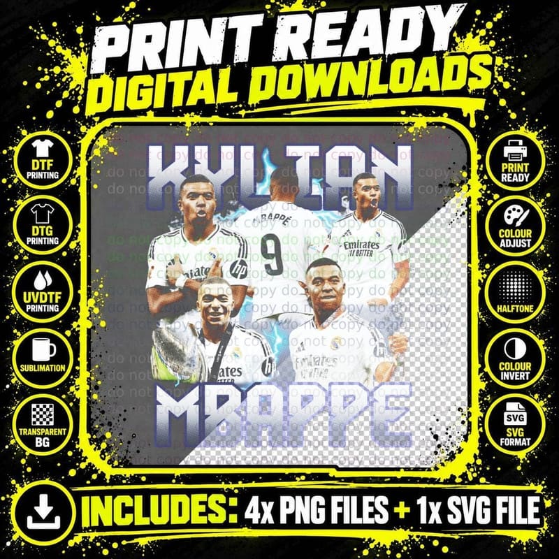 Kylian Mbappe White Silver Chrome Collage Real Madrid Png SVG Digital Bundle