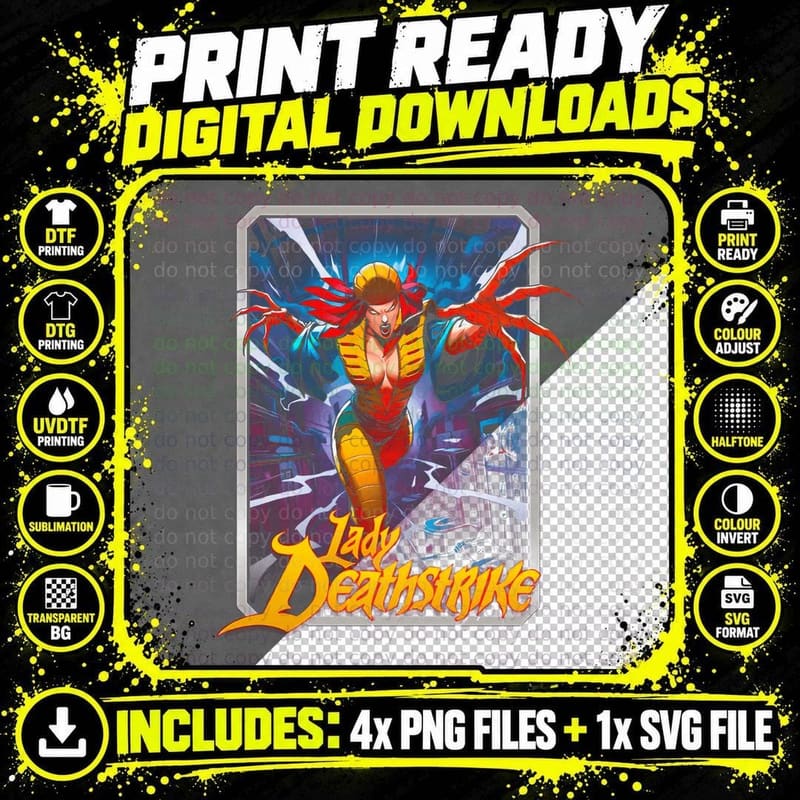Lady Deathstrike Female with Red Energy Gold Text Italic Png SVG Digital Bundle