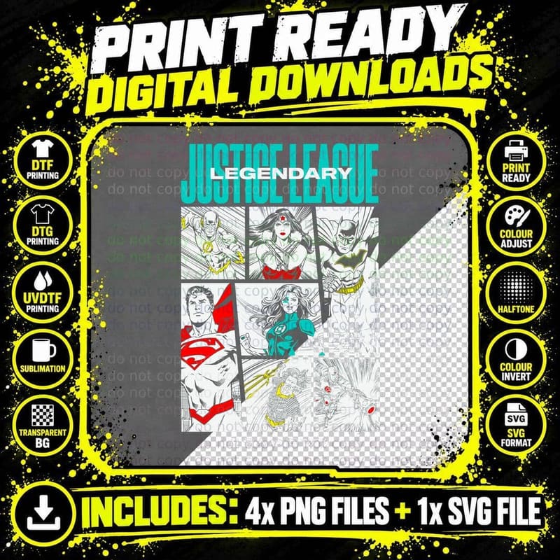 Legendary Justice League Monochromatic Comic Panels Team Png SVG Digital Bundle
