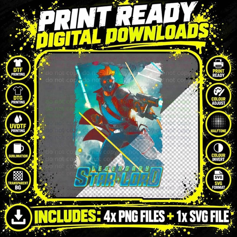 Legendary Star-Lord Cyan Red Yellow Halftone Hero Space Png SVG Digital Bundle