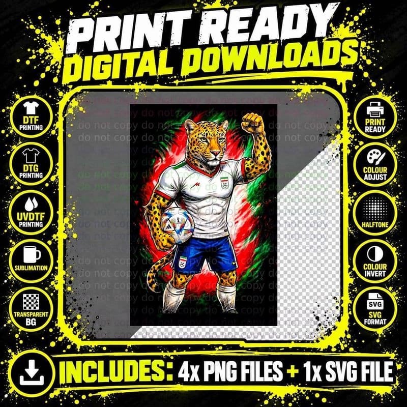 Leopard Spotted Mascot White Iran Jersey Holding Ball Png SVG Digital Bundle