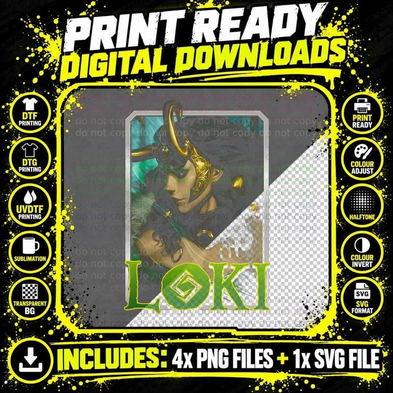 Loki Green White Golden Demon Halftone Character T-Shirt Png SVG Digital Bundle