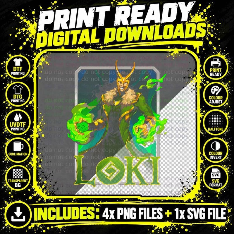 Loki Green Yellow Demon Halftone Character Villain Png SVG Digital Bundle