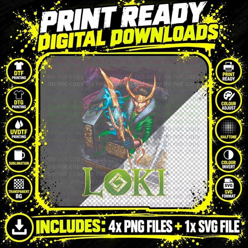 Loki Horned Male Gold Green Outfit Halftone T-Shirt Png SVG Digital Bundle