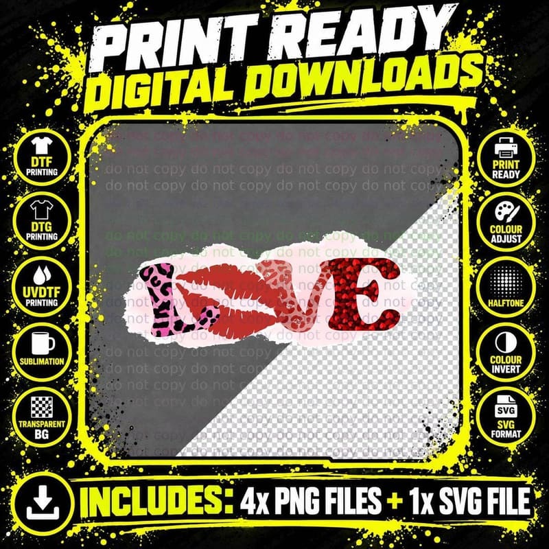 Love Lips Kiss Marks Pink Leopard Glitter T-Shirt Png SVG Digital Bundle