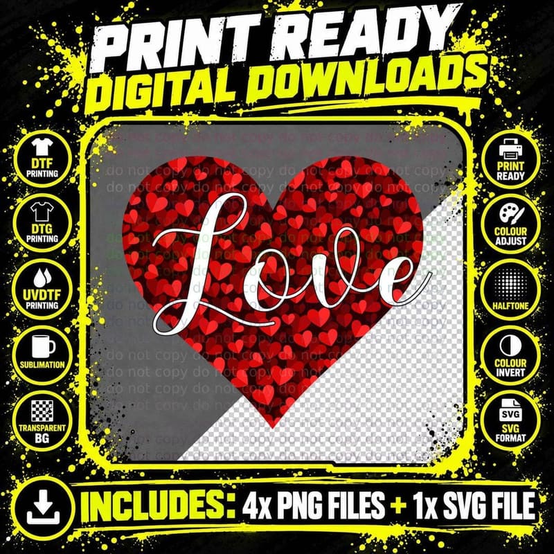 Love Red Heart Filled with Hearts Romantic T-Shirt Png SVG Digital Bundle