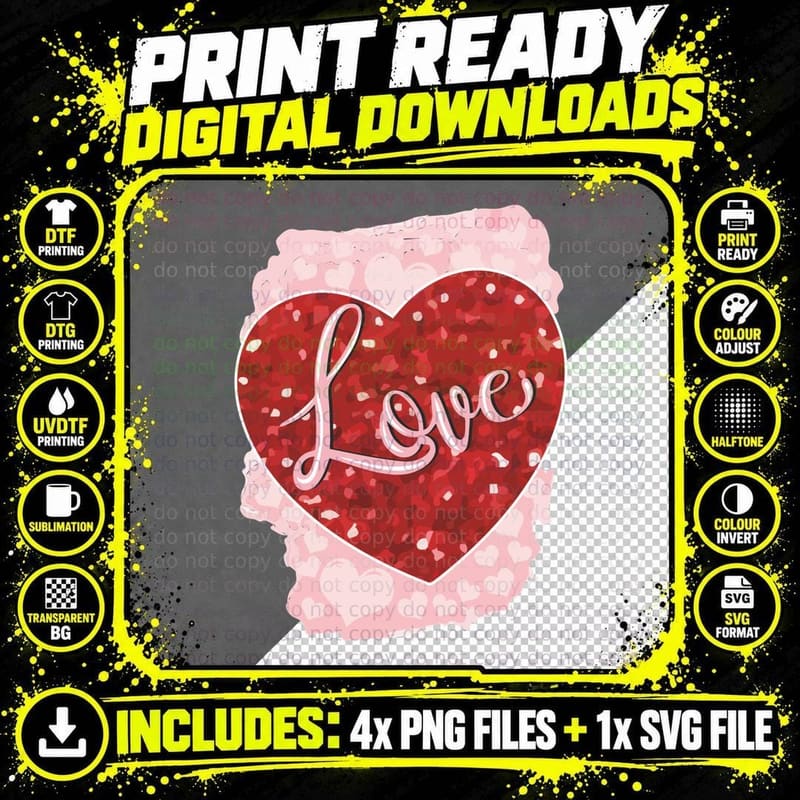 Love Red Heart Glitter Cursive Pink Background T-Shirt Png SVG Digital Bundle