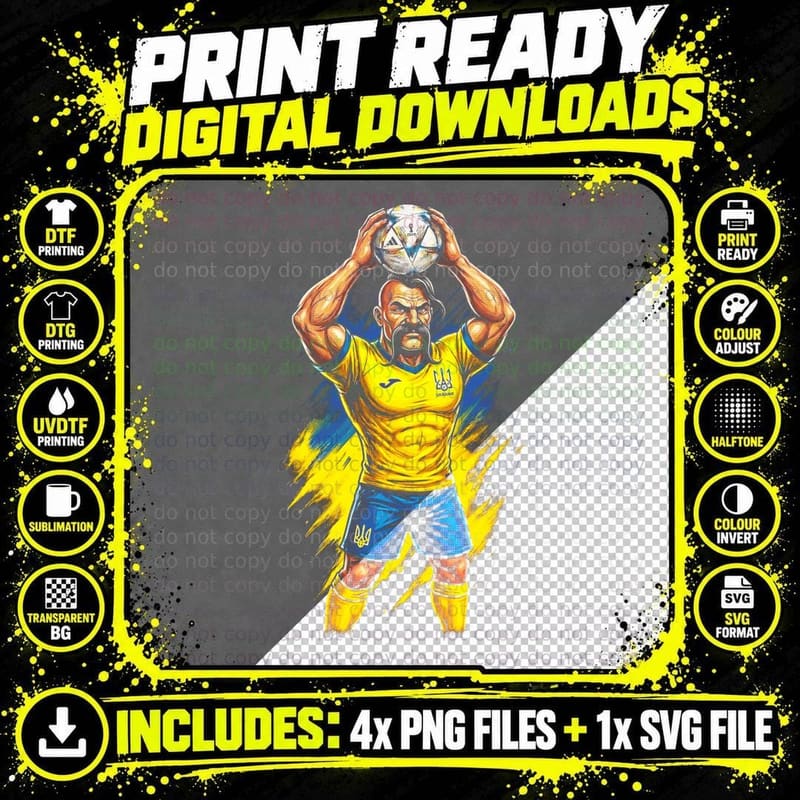 Male Footballer Ukraine Bearded Muscular Man Yellow Blue Png SVG Digital Bundle