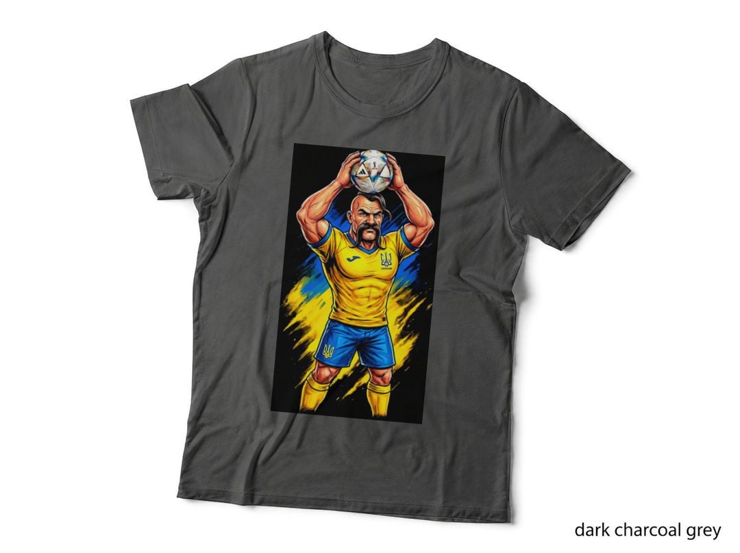 Male Footballer Ukraine Muscular Moustached Man Yellow Blue Kit Trident T-Shirt