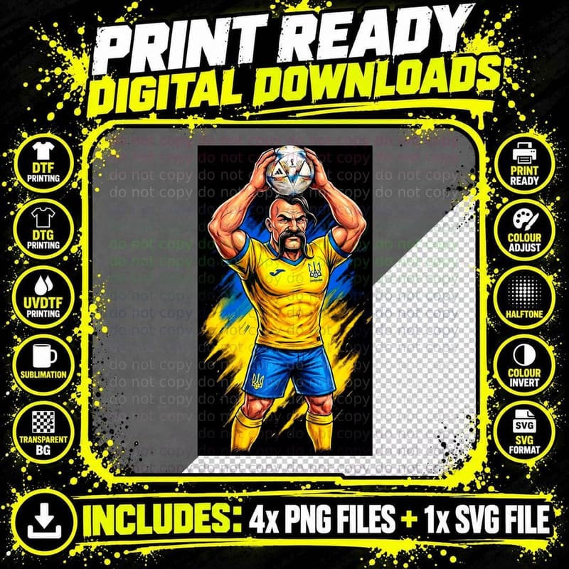 Male Footballer Ukraine Muscular Moustached Man Yellow Png SVG Digital Bundle