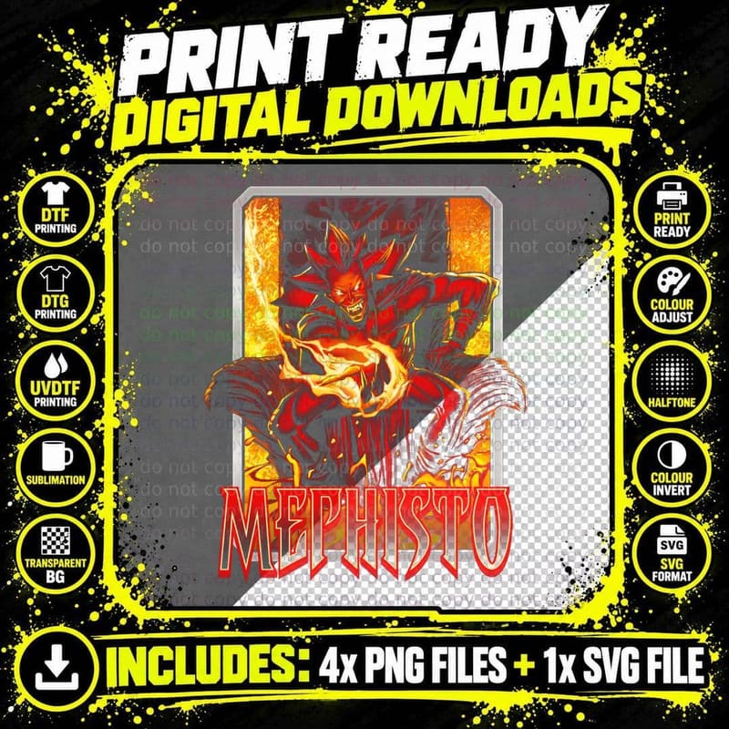 Mephisto Red Orange Demon Halftone Villain Fiery T-Shirt Png SVG Digital Bundle