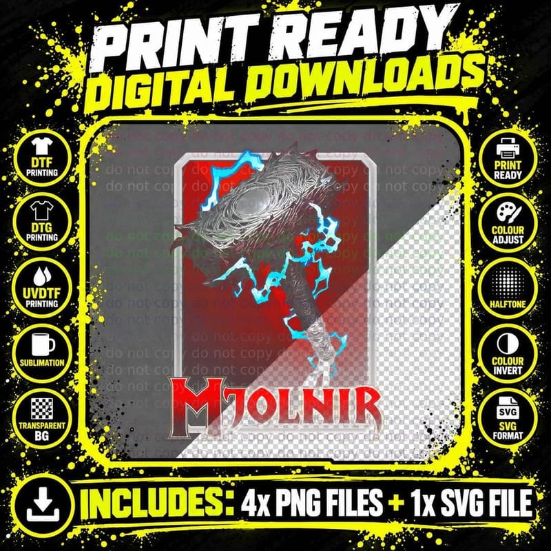 Mjolnir Red Cyan Hammer Halftone Object Magical T-Shirt Png SVG Digital Bundle