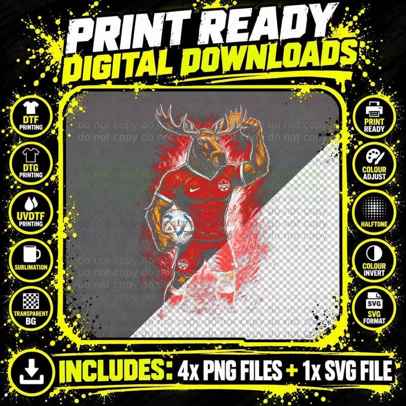 Moose Antlered Mascot Canada Red Kit Holding Ball Fist Png SVG Digital Bundle