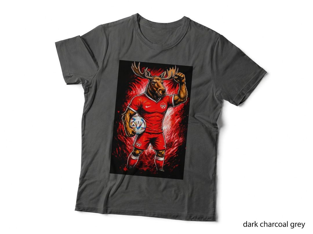 Moose Footballer Antlered Red Canada Kit Fist Raised Holding Ball T-Shirt