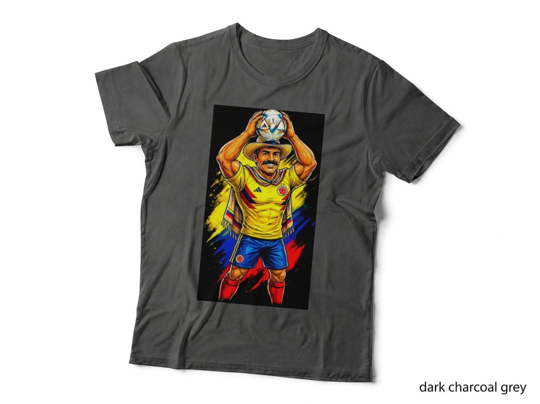 Moustached Man in Sombrero Yellow Colombia Kit Straw Hat Scarf Holding T-Shirt