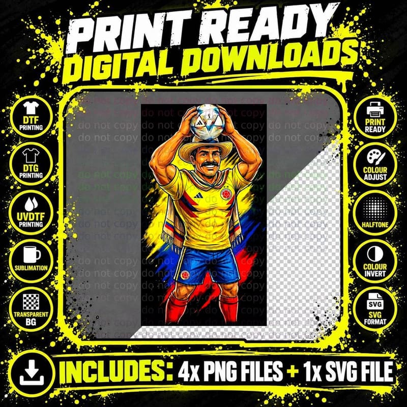 Moustached Man in Sombrero Yellow Colombia Kit Straw Hat Png SVG Digital Bundle