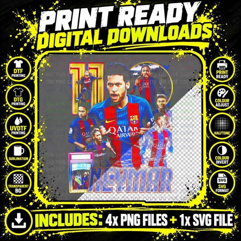 Neymar 11 Qatar Airways Colour Collage Yellow Outline Png SVG Digital Bundle