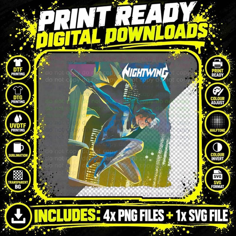 Nightwing Dark Acrobat Character Silhouette Yellow Black Png SVG Digital Bundle