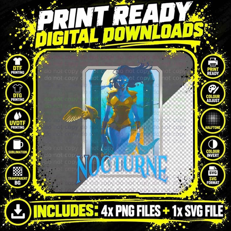 Nocturne Blue Yellow Angel Female Mystical T-Shirt Png SVG Digital Bundle